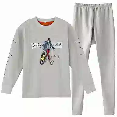 兰缪 青少年加绒加厚内搭个性涂鸦圆领套头抗寒蓄热锁温不易褪色防刮耐磨不起球舒适透气打底可外穿保暖套装 男款