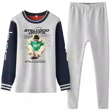 兰缪 青少年加绒加厚内搭个性涂鸦圆领套头抗寒蓄热锁温不易褪色防刮耐磨不起球舒适透气打底可外穿保暖套装 男款