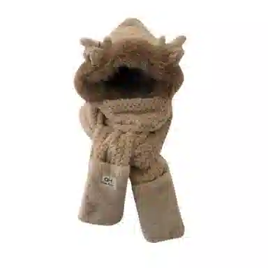 钓鱼熊 【秋冬必备】可爱冬天小鹿角毛茸茸保暖护耳三件套双层加厚围巾手套一 体 聚酯纤维 斗篷帽 男女同款情侣款