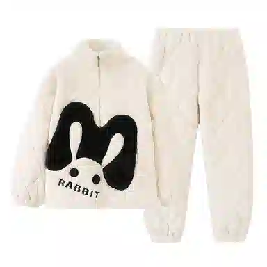 莫代尔 保暖亲肤加绒加厚舒适暖绒柔软储温蓄热卡通兔时尚韩版休闲简约拉链绒可外穿睡衣套装 男女同款
