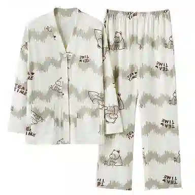 莫代尔 柔软舒适透气耐磨不易起球长袖上衣居家可外穿长裤睡衣套装 女款 浅绿色