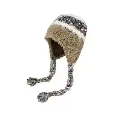 北极绒 彩色系带保暖条纹拼色护耳包头显脸小 聚酯纤维 绒线帽 男女同款情侣款