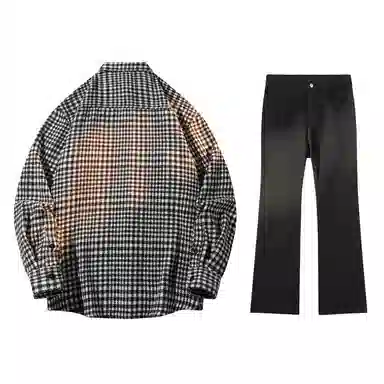 啄木鸟 复古千鸟格长袖上衣休闲系带直筒长裤衬衫套装 男款