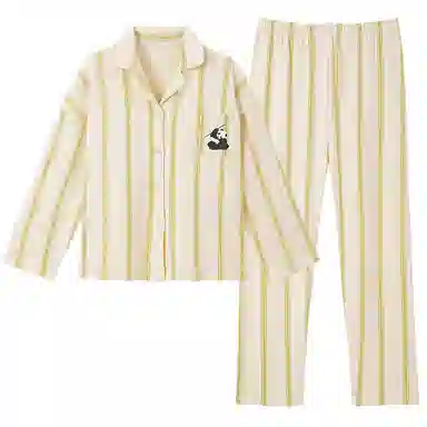 莫代尔 带胸垫防凸点舒适亲肤简约条纹时尚卡通翻领家居服可外穿睡衣套装 女款 杏色