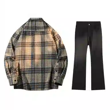 啄木鸟 复古千鸟格长袖上衣休闲系带直筒长裤衬衫套装 男款
