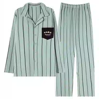 莫代尔 条纹翻领长袖长裤可爱睡衣套装 男款 图片色