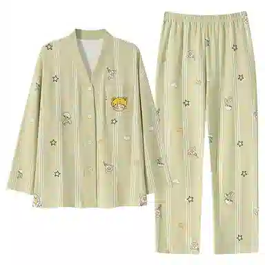 莫代尔 柔软带图案亲肤舒适细腻轻盈微弹透气开衫固定杯垫长袖长裤居家可外穿一体式睡衣套装 女款 翠绿色