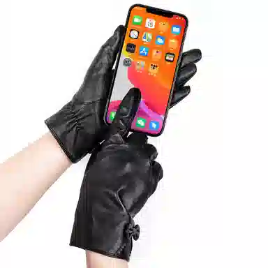 上海故事 真皮加绒加厚保暖外出骑行防风防寒防泼水可触屏 羊皮革 绒线手套 女款 黑色