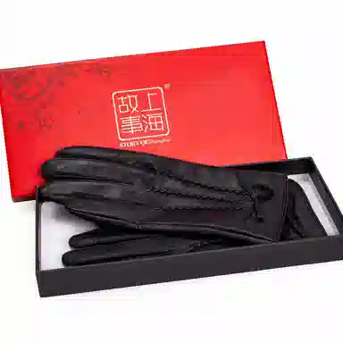 上海故事 真皮加绒加厚保暖外出骑行防风防寒防泼水可触屏 羊皮革 绒线手套 女款 黑色