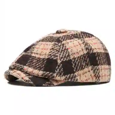 山一丸 复古格纹前保暖报童毛呢时尚 羊毛混纺 贝雷帽 男女同款情侣款
