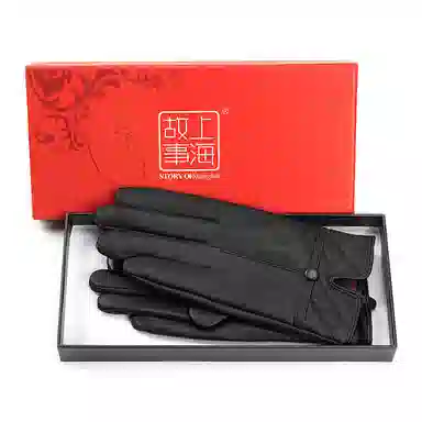 上海故事 真皮加绒加厚保暖外出骑行防风防寒防泼水可触屏 羊皮革 绒线手套 女款 黑色