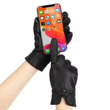 上海故事 真皮加绒加厚保暖外出骑行防风防寒防泼水可触屏 羊皮革 绒线手套 女款 黑色