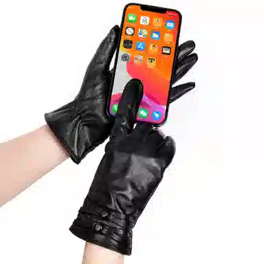 上海故事 真皮加绒加厚保暖外出骑行防风防寒防泼水可触屏 羊皮革 绒线手套 女款 黑色