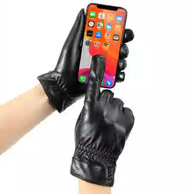 上海故事 时尚加绒加厚外出骑车防风防寒出行防水保暖 羊皮革 绒线手套 男款 黑色