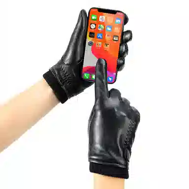 上海故事 时尚加绒加厚外出骑车防风防寒出行防水保暖 羊皮革 绒线手套 男款 黑色