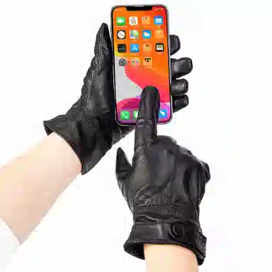 上海故事 时尚加绒加厚外出骑车防风防寒出行防水保暖 羊皮革 绒线手套 男款 黑色