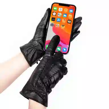 上海故事 真皮加绒加厚保暖外出骑行防风防寒防泼水可触屏 羊皮革 绒线手套 女款 黑色