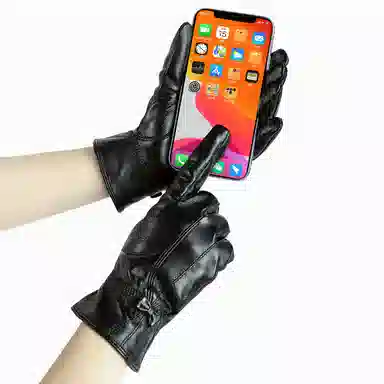 上海故事 真皮加绒加厚保暖外出骑行防风防寒防泼水可触屏 羊皮革 绒线手套 女款 黑色