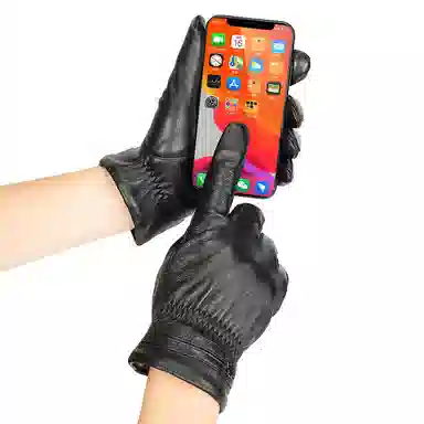 上海故事 时尚加绒加厚外出骑车防风防寒出行防水保暖 羊皮革 绒线手套 男款 黑色