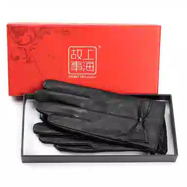 上海故事 真皮加绒加厚保暖外出骑行防风防寒防泼水可触屏 羊皮革 绒线手套 女款 黑色