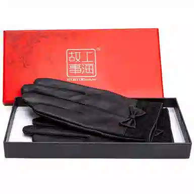 上海故事 真皮加绒加厚保暖外出骑行防风防寒防泼水可触屏 羊皮革 绒线手套 女款 黑色