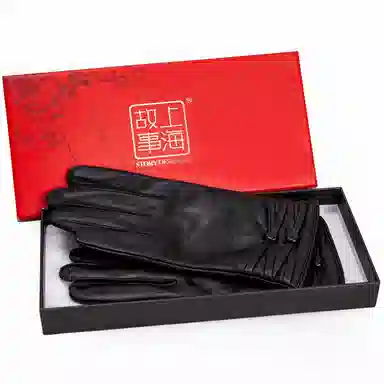 上海故事 真皮加绒加厚保暖外出骑行防风防寒防泼水可触屏 羊皮革 绒线手套 女款 黑色