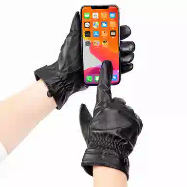 上海故事 时尚加绒加厚外出骑车防风防寒出行防水保暖 羊皮革 绒线手套 男款 黑色