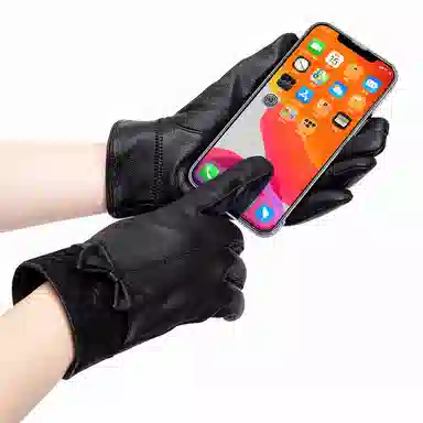 上海故事 真皮加绒加厚保暖外出骑行防风防寒防泼水可触屏 羊皮革 绒线手套 女款 黑色