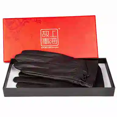 上海故事 真皮加绒加厚保暖外出骑行防风防寒防泼水可触屏 羊皮革 绒线手套 女款 黑色