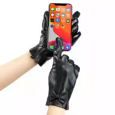 上海故事 真皮加绒加厚保暖外出骑行防风防寒防泼水可触屏 羊皮革 绒线手套 女款 黑色