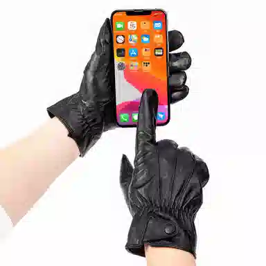 上海故事 时尚加绒加厚外出骑车防风防寒出行防水保暖 羊皮革 绒线手套 男款 黑色