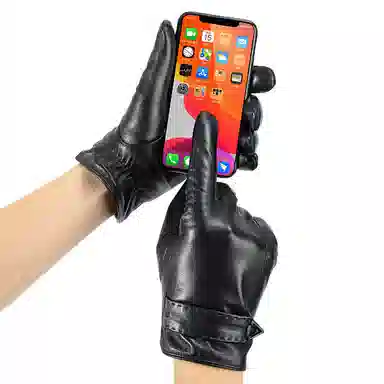 上海故事 时尚加绒加厚外出骑车防风防寒出行防水保暖 羊皮革 绒线手套 男款 黑色