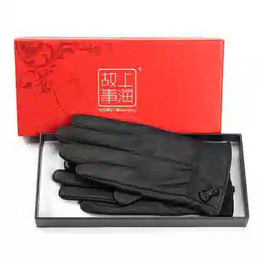 上海故事 真皮加绒加厚保暖外出骑行防风防寒防泼水可触屏 羊皮革 绒线手套 女款 黑色