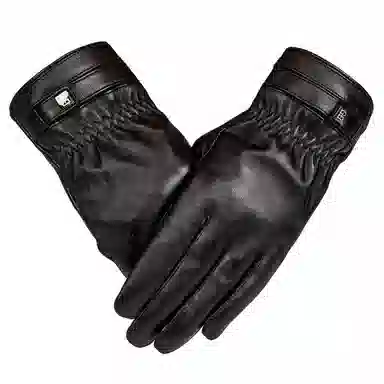 上海故事 时尚加绒加厚外出骑车防风防寒出行防水保暖 羊皮革 绒线手套 男款 黑色