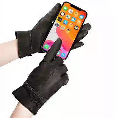 上海故事 真皮加绒加厚保暖外出骑行防风防寒防泼水可触屏 羊皮革 绒线手套 女款 黑色