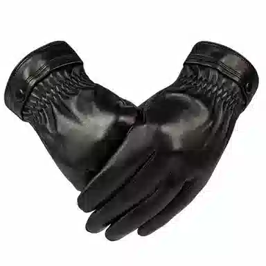 上海故事 时尚加绒加厚外出骑车防风防寒出行防水保暖 羊皮革 绒线手套 男款 黑色