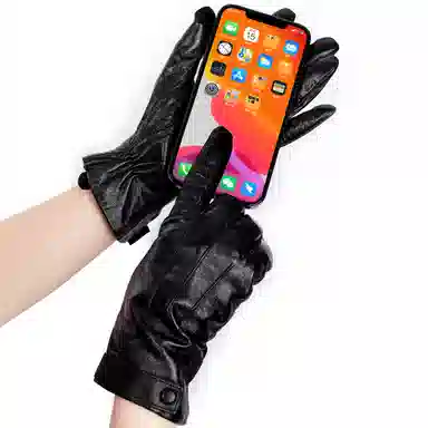 上海故事 真皮加绒加厚保暖外出骑行防风防寒防泼水可触屏 羊皮革 绒线手套 女款 黑色