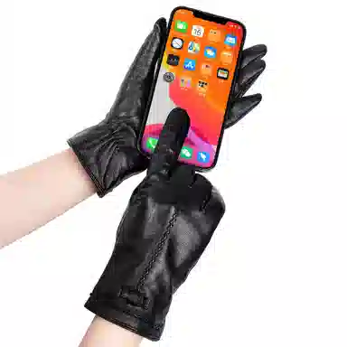 上海故事 真皮加绒加厚保暖外出骑行防风防寒防泼水可触屏 羊皮革 绒线手套 女款 黑色