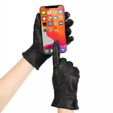 上海故事 真皮加绒加厚保暖外出骑行防风防寒防泼水可触屏 羊皮革 绒线手套 女款 黑色