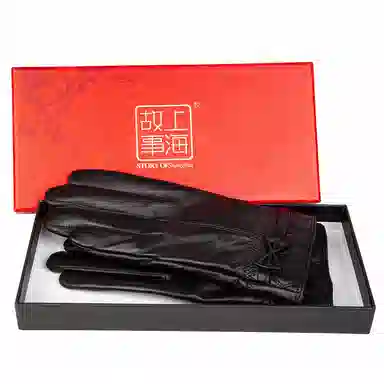 上海故事 真皮加绒加厚保暖外出骑行防风防寒防泼水可触屏 羊皮革 绒线手套 女款 黑色