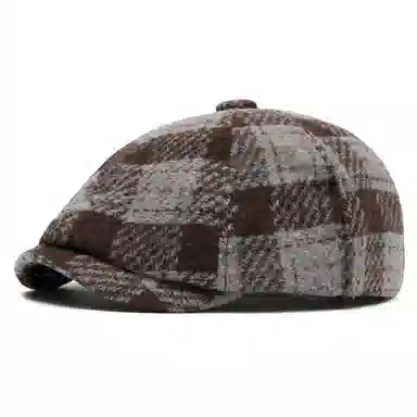 山一丸 复古格纹前保暖报童毛呢时尚 羊毛混纺 贝雷帽 男女同款情侣款