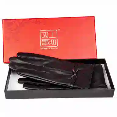 上海故事 真皮加绒加厚保暖外出骑行防风防寒防泼水可触屏 羊皮革 绒线手套 女款 黑色
