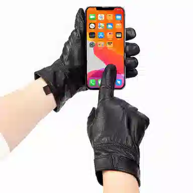 上海故事 时尚加绒加厚外出骑车防风防寒出行防水保暖 羊皮革 绒线手套 男款 黑色