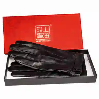 上海故事 真皮加绒加厚保暖外出骑行防风防寒防泼水可触屏 羊皮革 绒线手套 女款 黑色