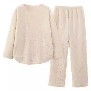 莫代尔 时尚套头圆领长袖长裤保暖亲肤舒适家居服可外穿睡衣套装 男女同款 杏色