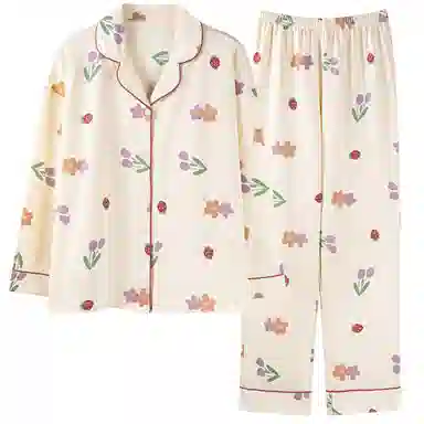 莫代尔 家居服植物花朵印花翻领睡衣套装 女款 图片色