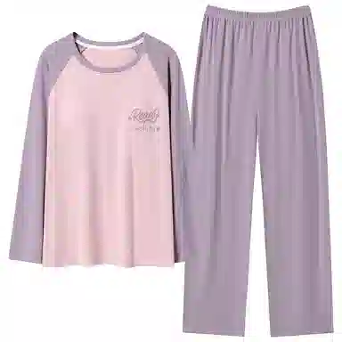 莫代尔 撞色拼接圆领套头长袖长裤睡衣套装 女款 图片色