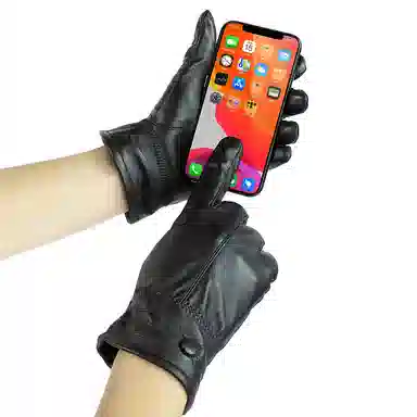 上海故事 时尚加绒加厚外出骑车防风防寒出行防水保暖 羊皮革 绒线手套 男款 黑色