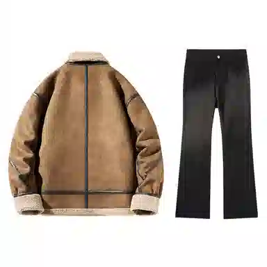 啄木鸟 美式雪山简约风蓬松面包服宽松立领保暖百搭棉服水洗直筒牛仔长裤休闲运动套装 男款