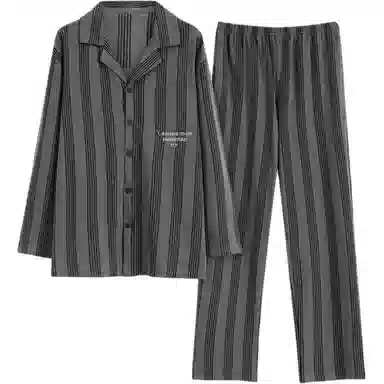 欧迪芬 休闲高级感纯棉条纹翻领开衫长袖长裤可外穿睡衣套装 男款 图色